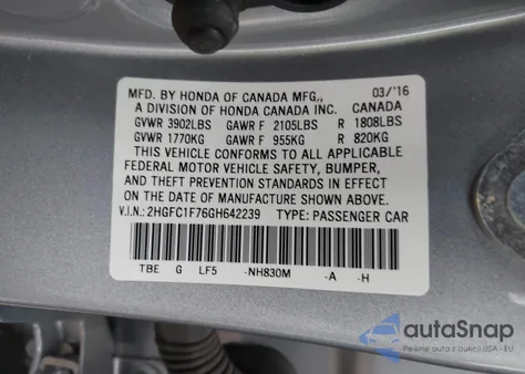 2016 Honda Civic Ex-L из США, поврежденный, VIN 2HGFC1F76GH642239